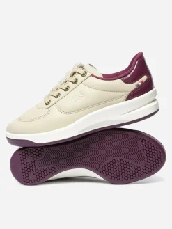 Baskets Cuir Femme Fabriquées en France Doublée Textile Beige et Bordeaux BRANDIE