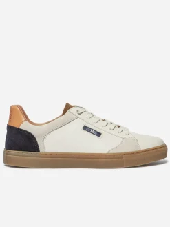 Baskets Cuir Homme Fabriquées en France Off-White et Navy et Tabac MAUBERT