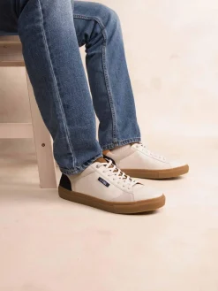 Baskets Cuir Homme Fabriquées en France Off-White et Navy et Tabac MAUBERT