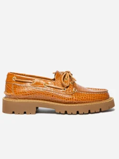 Chaussure bateau femme Croco cognac LAZARIA