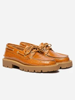 Chaussure bateau femme Croco cognac LAZARIA