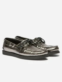 Chaussure Bateau Femme Cuir Argent Metallisé