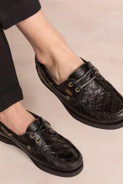 Chaussure Bateau Femme Cuir Marin Noir PHENISE