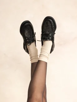Chaussure Bateau Femme Cuir Noir et Silver PHENISE
