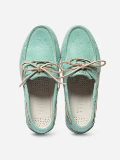 Chaussure Bateau Femme Cuir Nubuck Vert d'eau et Blanc PHENISE