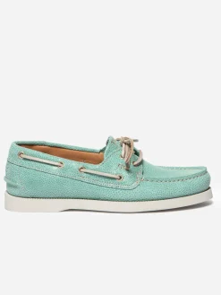 Chaussure Bateau Femme Cuir Nubuck Vert d'eau et Blanc PHENISE