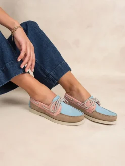 Chaussures bateau femme beige et rose et oxygene PHENISE