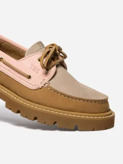 Chaussures bateau femme tan et rose LAZARIA