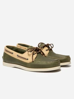 Chaussures Bateau Homme Cuir Vert et Beige PHENIS