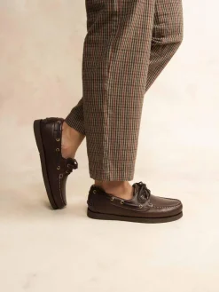 Chaussures Bateaux Femme Cuir Brun et Creme PHERINA