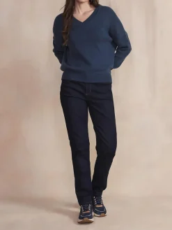 Pull Femme Tricot Col V Coton Laine Bleu ENOLAVER