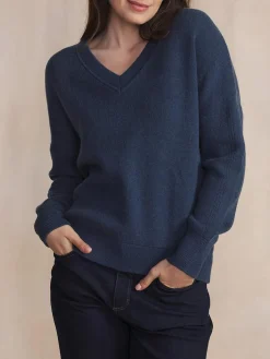 Pull Femme Tricot Col V Coton Laine Bleu ENOLAVER