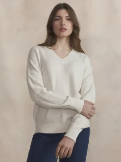 Pull Femme Tricot Col V Coton Laine Blanc ENOLAVER