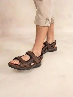 Sandales Homme A Scratch Dessus Cuir Marron