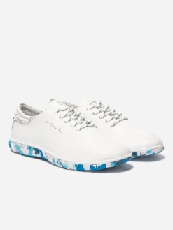 Tennis Femme Confort Cuir Blanc Semelle Bleue