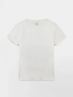 T-shirt Femme Col V Manches Courtes Motifs Blanc LUGDITEE